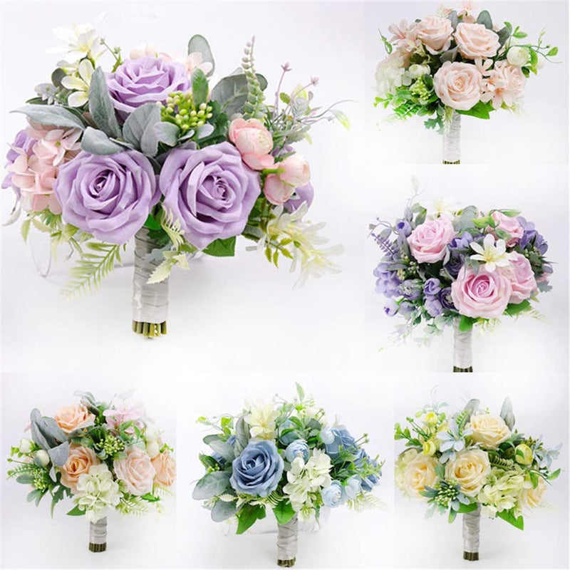 Fiwisora Bridal Holding Wedding Bouquet Fabric Lavender Pink Rose Peony Mix Flowers Bridal Throw Bouquet for Wedding Brides Bridesmaid Hold Flower - Image 3